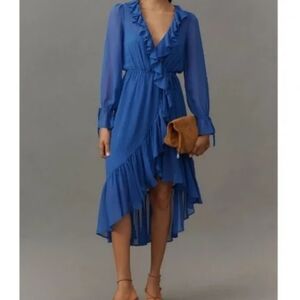 NWT Anthropologie XS Asymetrical Elegant V-neck Blue Ruffle Dress